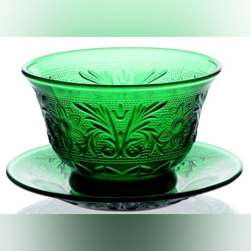 Anchor Hocking Forest Green Custard Cup and Liner Underplate Vintage